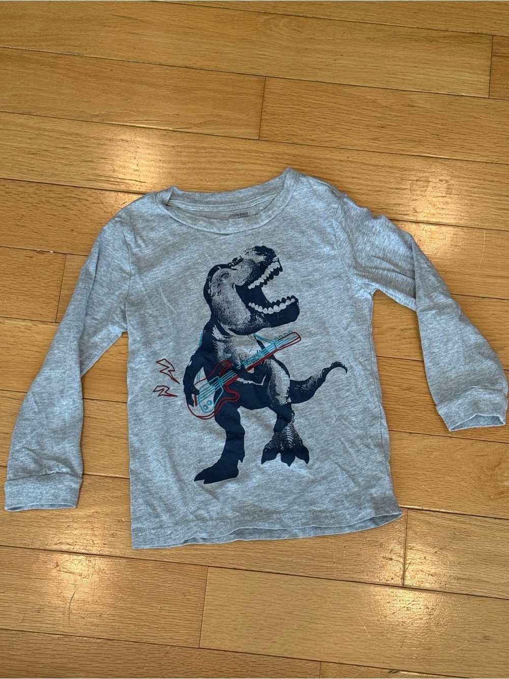 Kids' Grey Long-Sleeve Tee with Guitar-Playing Dinosaur Graphic Size 4T